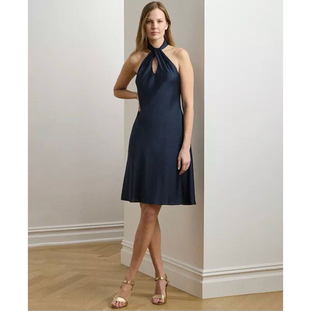 Lauren Ralph Lauren Charmeuse Twist Front Keyhole Halter Cocktail Dress Navy 10